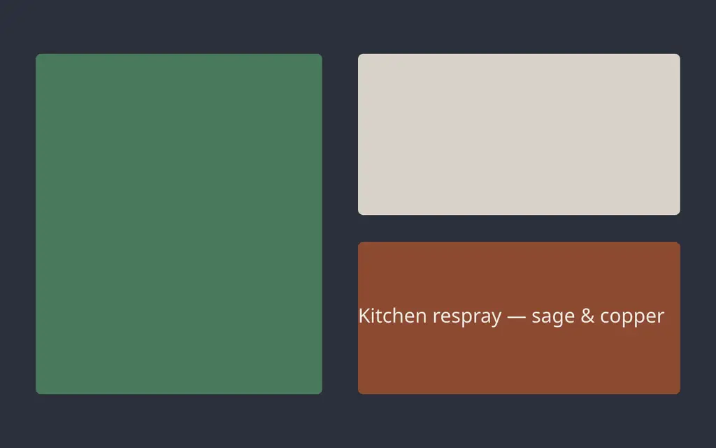 Freshly resprayed sage green kitchen cabinets with copper handles in a bright family kitchen